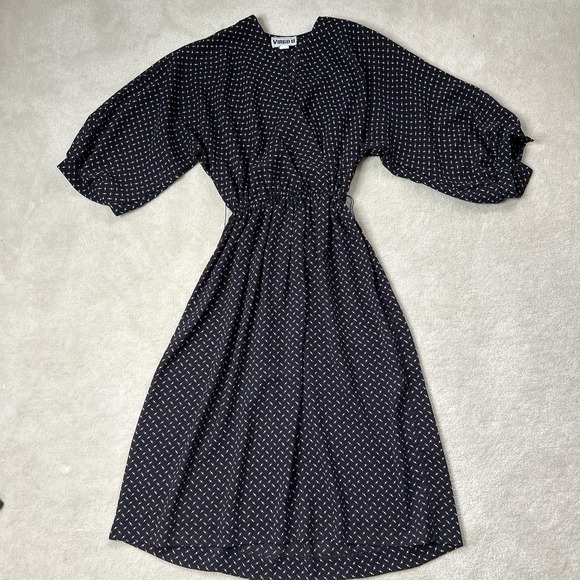 Virgo Ii Dresses & Skirts - Vintage Virgo II Floral Retro Midi Dress Black Polka Dot Women's 8 Union Made